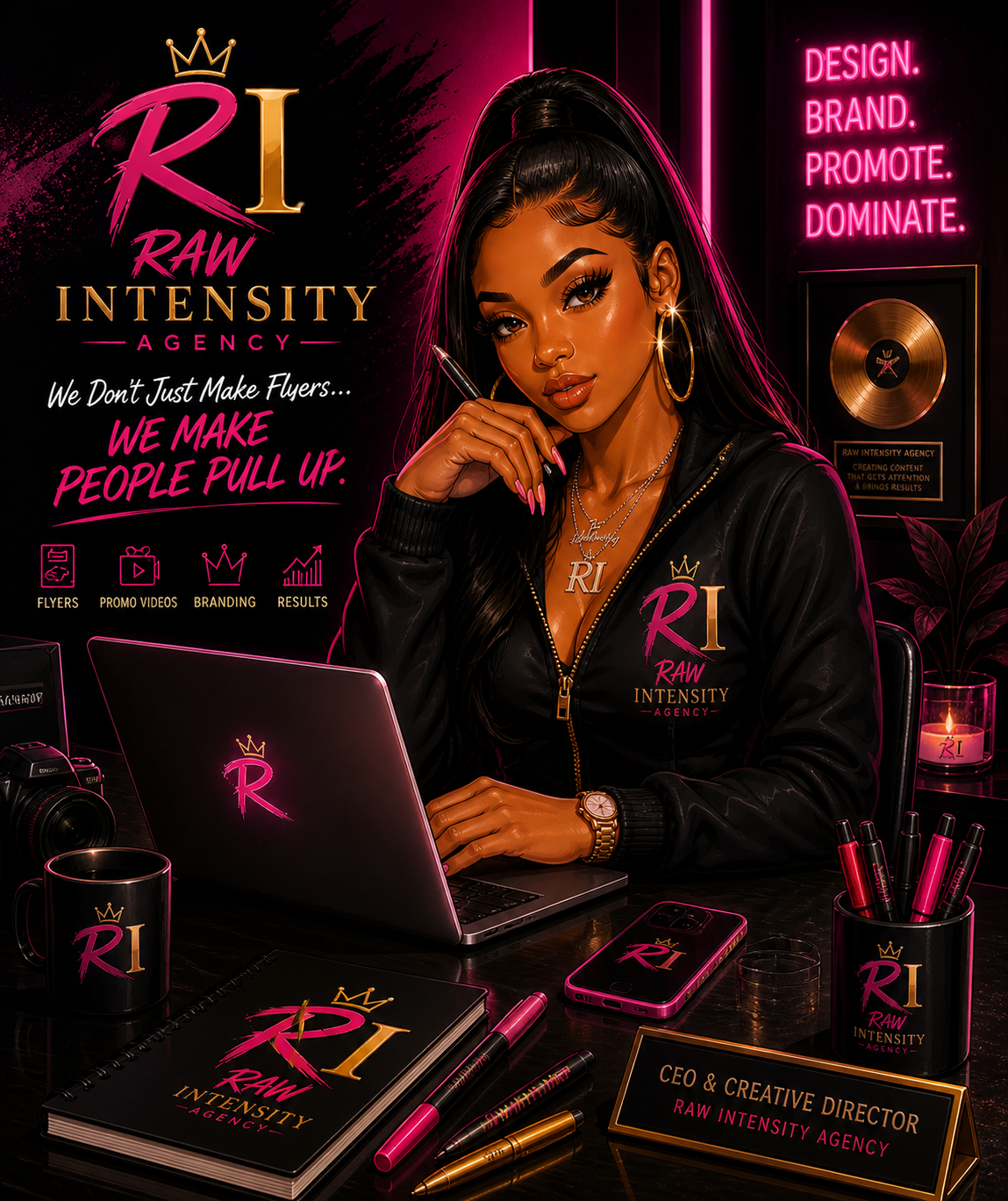 Raw Intensity Agency — RI brand visual with hot pink and gold luxury aesthetic